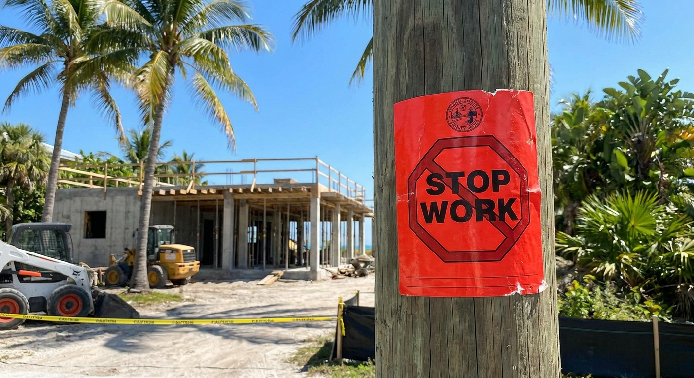 Stop work order posted at a Palm Beach construction site with halted workers and visible permit paperwork