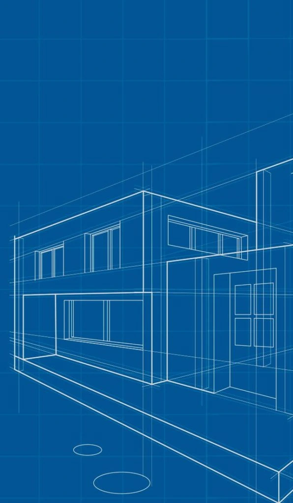 a painting of a blue and white building with a blue sky.