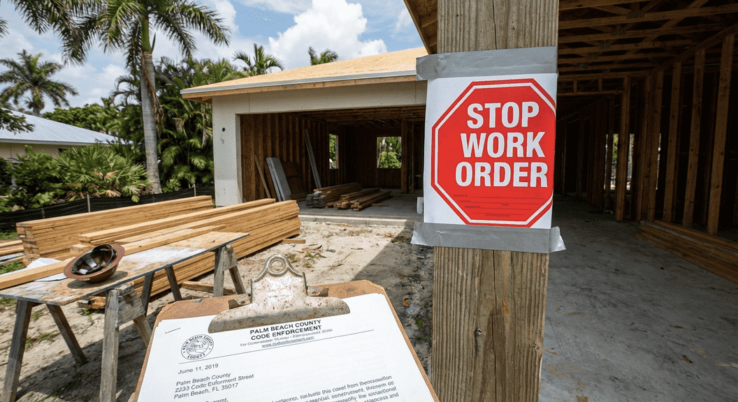 Stop work order notice posted on property after code enforcement letter in Palm Beach County