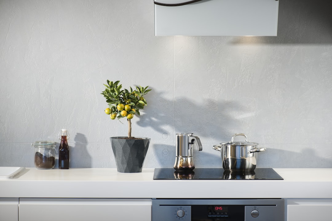 a kitchen counter with a pot and a vase of flowers.